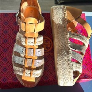 Tory Burch Tan and Silver Sandals